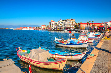 Beautiful sea landscape with boats in city Ayvalik, Turkey