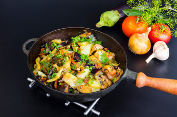 Fried eggplant, paprika and different vegetables in pan on black background