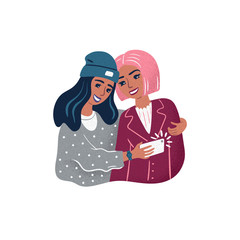 Young women make selfies using a gadget.