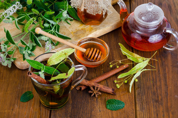 Herbal tea with mint, dried linden flowers