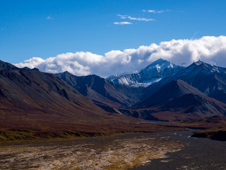 Mountains, Braided River and Autumn Tundra in Alaska, Denali National Park