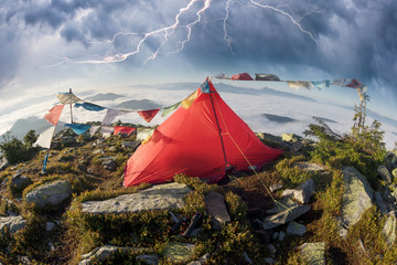 flags in the wind in the mountains