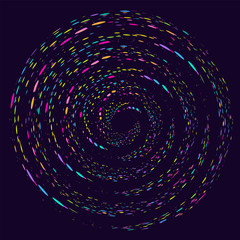 Spiral circle with dots - bright colorful drops on a dark background. Graphic art element for holiday design project - vector.