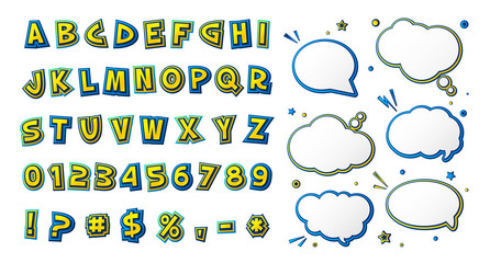 Comics font, kid's alphabet in style of pop art. Multilayer colorful yellow-blue letters with halftone effect and set of speech bubbles for decoration of children's illustrations, posters, advertising
