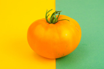Yellow tomato on bright paper background. Photo