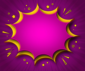 Comics background. Cartoon poster in pop art style with pink- yellow speech bubbles with halftone and sound effects. Funny colorful banner with place for text on purple backdrop with radial stripes