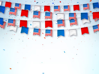 Garlands of bunting USA flags. Decorative patriotic symbols for national holidays in United States of America. Vector banner for celebrate Independence, labor, patriot day. Vector illustration