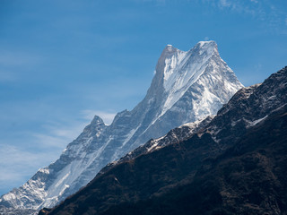 Nepal Mountain Peak, The Fish Tail, Machapuchare Under Blue Skies