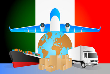 Ireland logistics concept illustration. National flag of Ireland from the back of globe, airplane, truck and cargo container ship