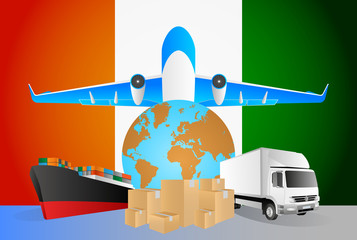 Ivory Coast logistics concept illustration. National flag of Ivory Coast from the back of globe, airplane, truck and cargo container ship