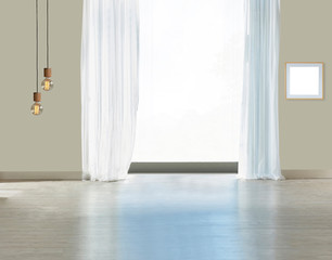 stone wall empty interior decoration modern red lamp and wooden floor concept, decorative and background for home, office, hotel