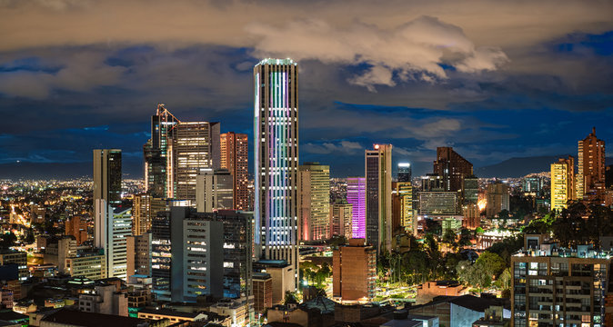 Bogota City Capital of Colombia Skyline Night Photography Pano