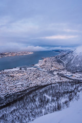 Fototapeta premium Aerial view to the city of Tromso in winter