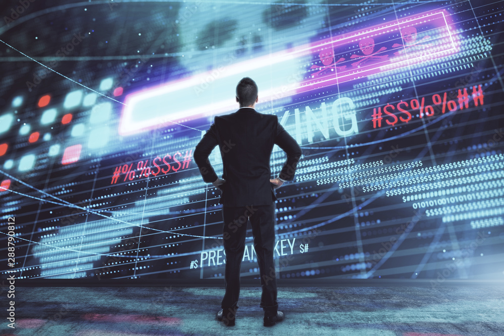 Poster man and hacking icon hologram. double exposure. concept of data safety