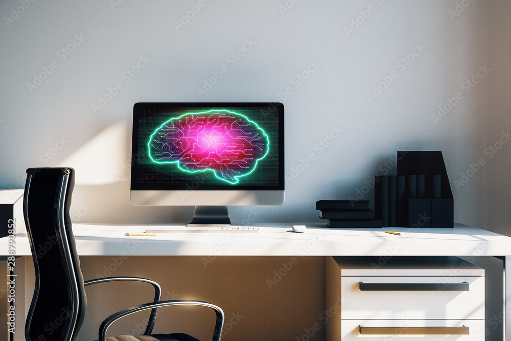 Aufkleber desktop interior with computer, table and chair. data theme brain drawing on screen. 3d rendering.