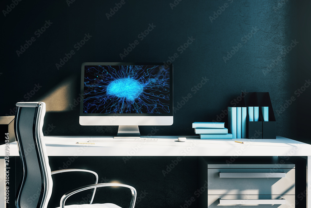 Aufkleber desktop interior with computer, table and chair. data theme brain drawing on screen. 3d rendering.