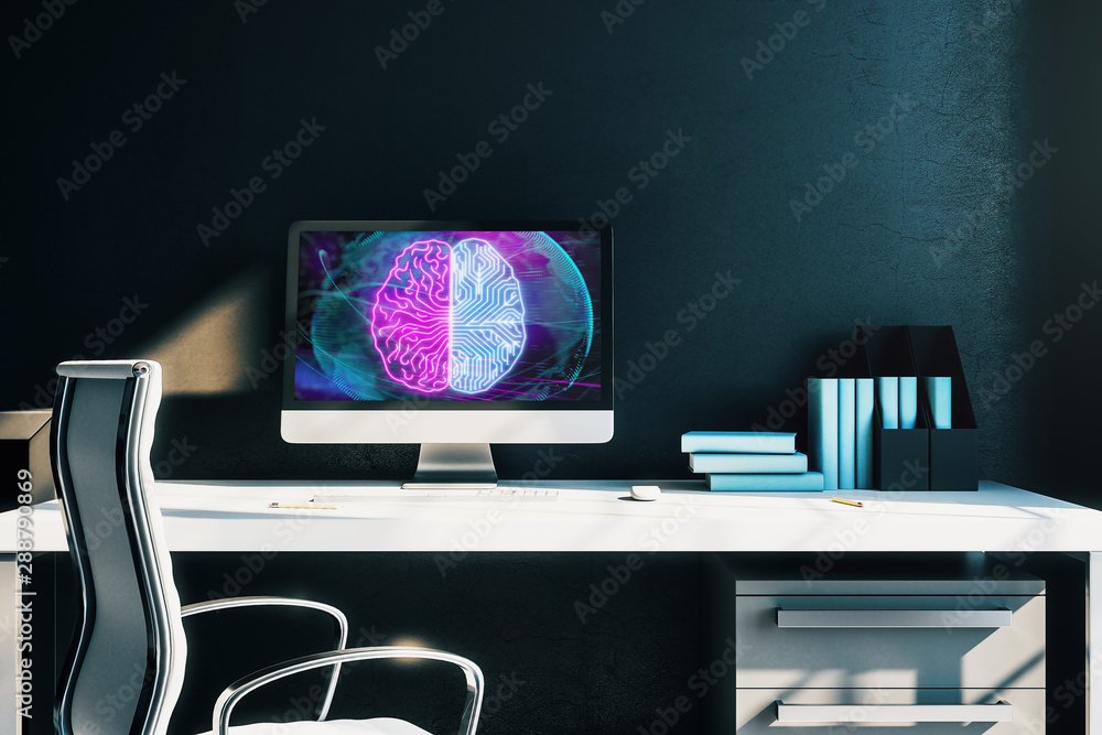 Aufkleber desktop interior with computer, table and chair. data theme brain drawing on screen. 3d rendering.