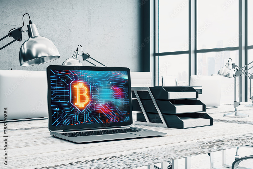 Aufkleber desktop interior with computer, table and chair. blockchain theme drawing on screen. 3d rendering