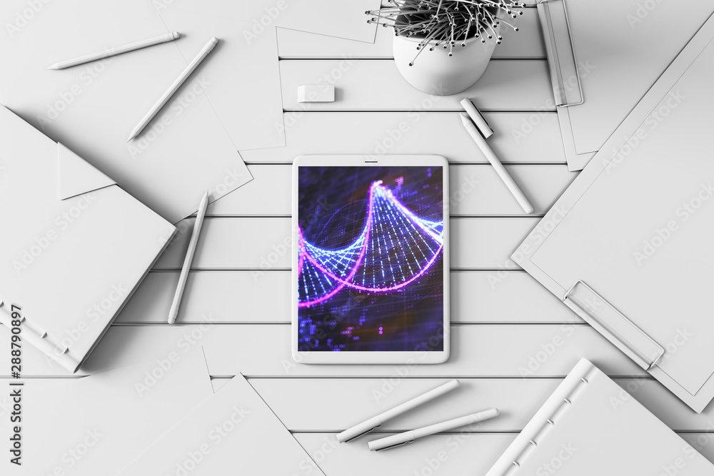 Poster digital tablet closeup top view with dna pic on screen. education concept. 3d rendering.