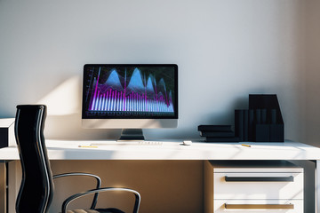 Cabinet desktop interior with financial charts and graphs on computer screen. Concept of stock market analysis and trading. 3d rendering.