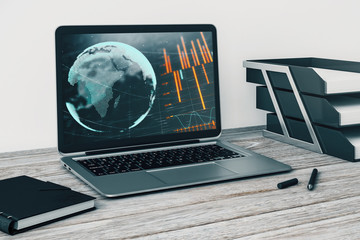 Laptop closeup with forex graph and world map on computer screen. Financial trading and education concept. 3d rendering.