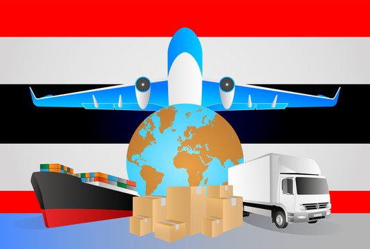 Thailand logistics concept illustration. National flag of Thailand from the back of globe, airplane, truck and cargo container ship