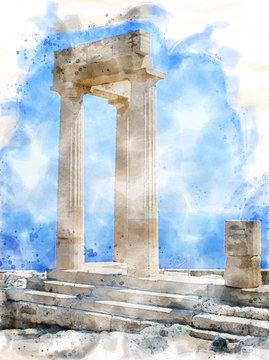watercolor painting of the acropolis in lindos rhodes with blue sky and sea in summer