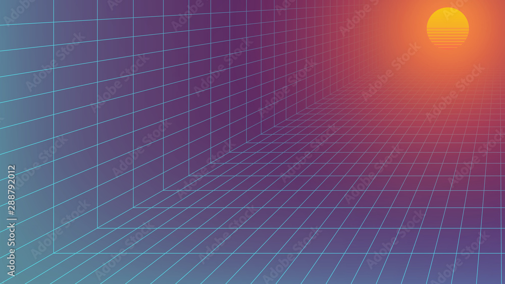 Poster synthwave background. 80s retro style. dark futuristic backdrop with two perspective grids pointing 