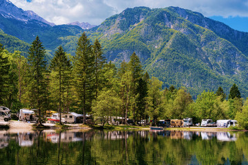 Camping of RV caravan trailers near Bohinj Lake in Slovenia