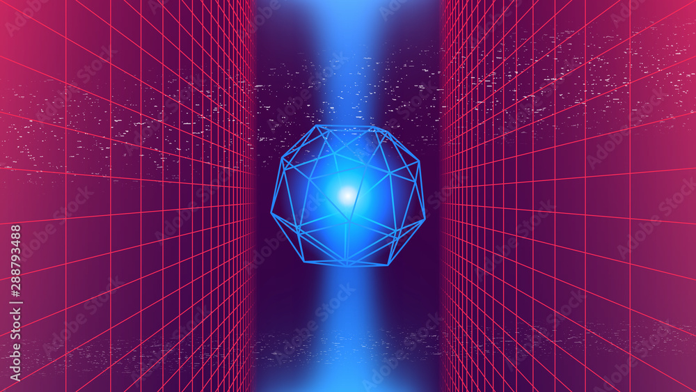 Poster 80s retro style background. dark futuristic backdrop with two red perspective grids from sides. outl