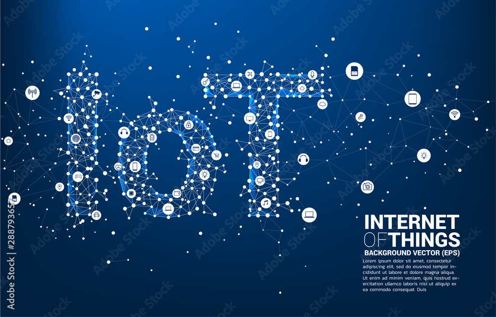 Poster Vector Polygon dot connect line shaped IoT wording . Concept for telecommunication and internet of things.