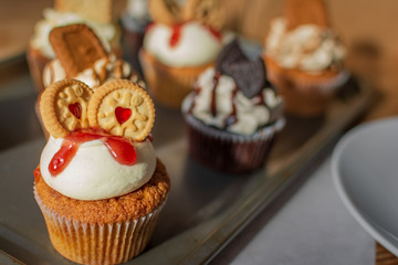 Iced cupcakes on baking sheet and served on plate with coffee