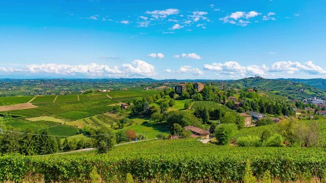 Langhe vineyards of Piedmont, landscape in the wine region near Barolo town, Italy. Langhe monferrato Roero area. Timelapse video