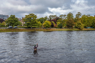 Obraz na płótnie Canvas Fly fishing in the middle of Perth, Scotland