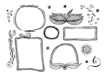 Hand drawn line, border, frame vector design element set. Template for invitation or greeting card