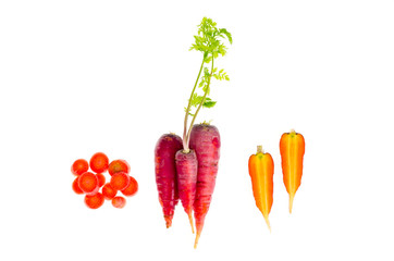Pieces of colorful raw carrots on white background