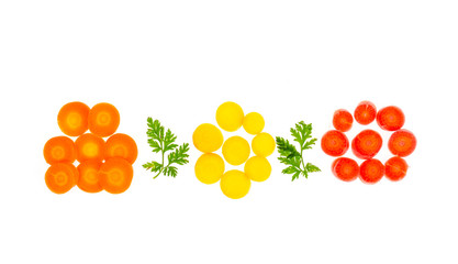 Pieces of colorful raw carrots on white background