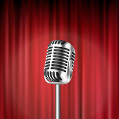 Vector 3d Realistic Steel Silver Retro Concert Vocal Stage Microphone Closeup Isolated on Red Curtains Background. Design Template of Vintage Karaoke Metal Mic. Front view