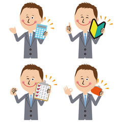 ポップなグレーのスーツのビジネスマン　持ってポジティブポーズ