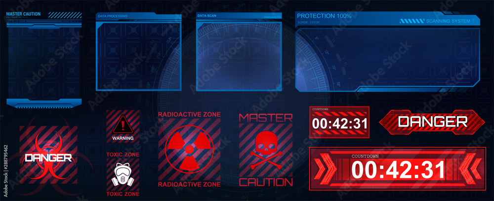Poster futuristic screens hud, gui, ui and set titles (warning, danger сounthdown and other). futuristic us