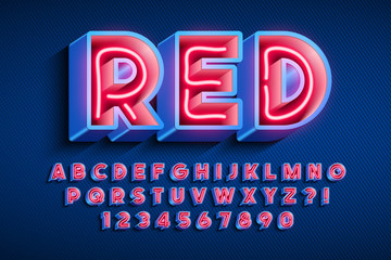 Neon light 3d alphabet, extra glowing original font.