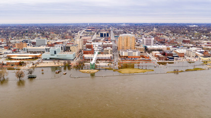 Aerial View Davenport Iowa Waterfront Mississippi River Flooding