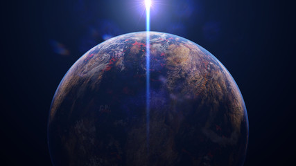 sunrise over lava planet, exoplanet lit by an alien sun