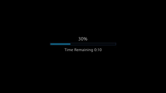 Horizontal loading blue green bar on a black background, counting percents up and time remaining down from 15 to zero.