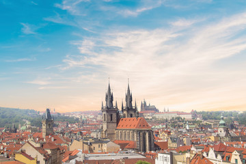 Obraz premium Beautiful view of the Old Town Square, and Tyn Church and St. Vitus Cathedral in Prague, Czech Republic