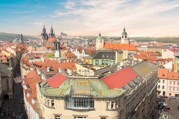 Naklejka na ściany i meble Beautiful view of the Old Town Square, and Tyn Church and St. Vitus Cathedral in Prague, Czech Republic
