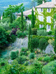 Vines growing on home with stone wall and garden in front