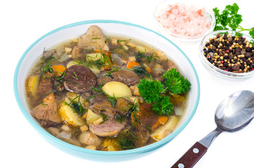 Delicious seasonal wild mushroom soup. Studio Photo