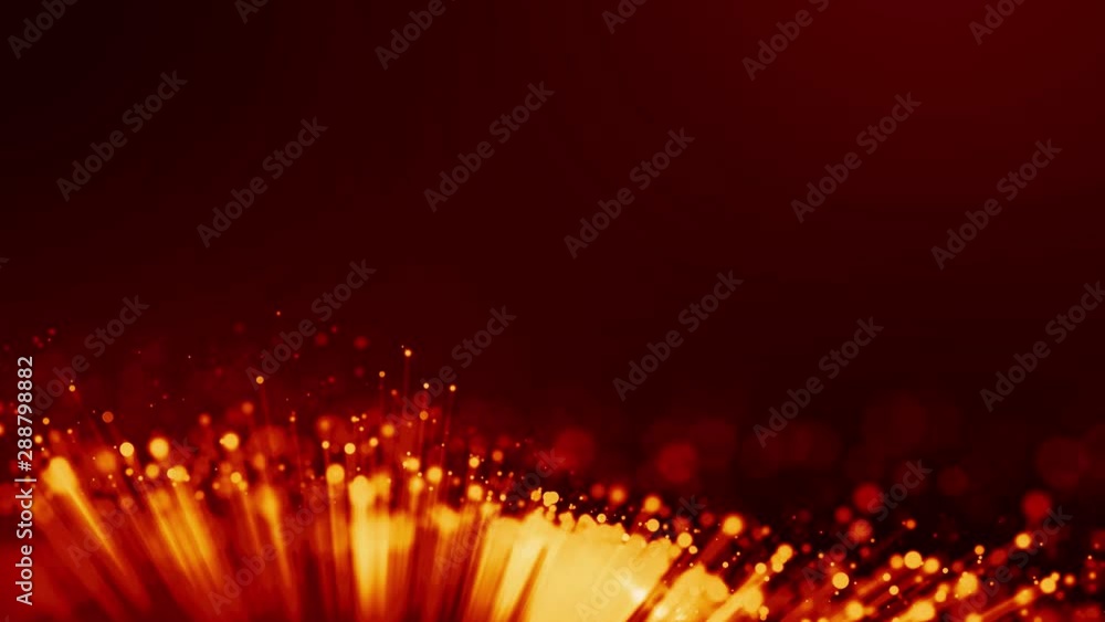 Poster 4k 3d animation of red yellow glowing particles float in viscous liquid and glisten with light rays.