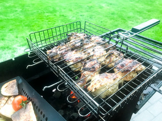 Chunks of meat and vegetables are grilled